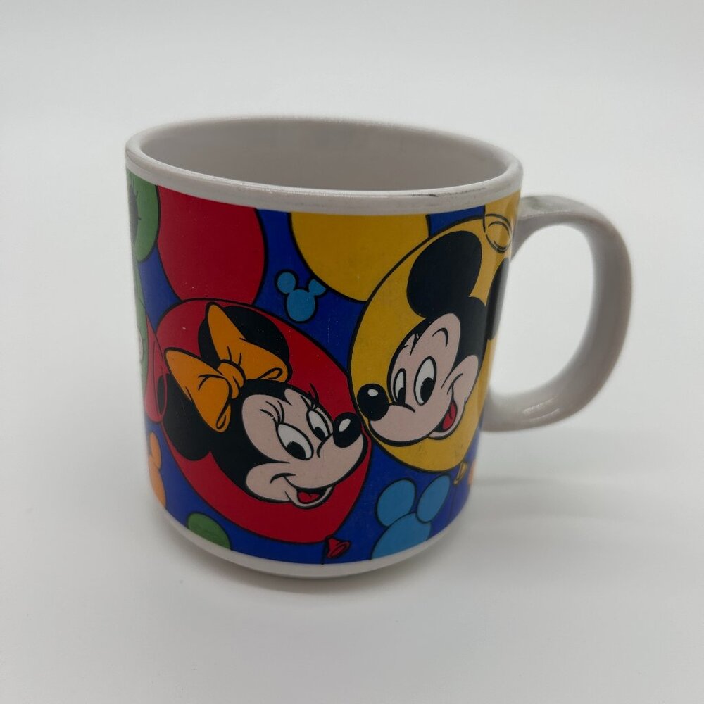 Vintage Disney Mug Mickey Minnie Donald Pluto Balloon Print Made in Korea 3.5 in